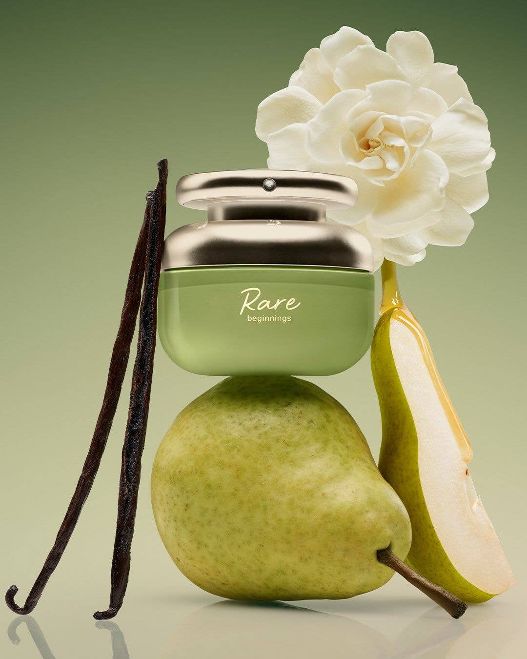 Selena Gomez's second scent, Rare Beginnings, next to a pear