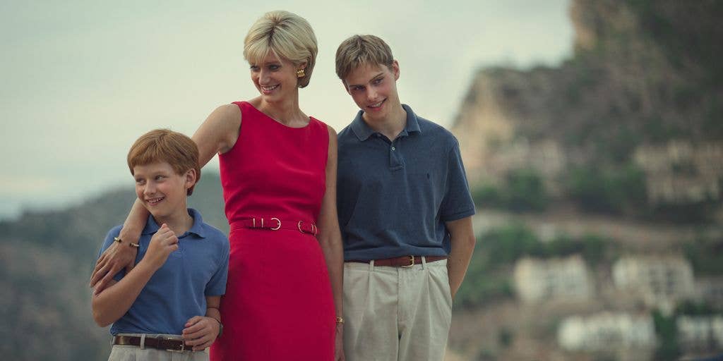 Fflyn Edwards, Elizabeth Debicki and Rufus Kampa in The Crown