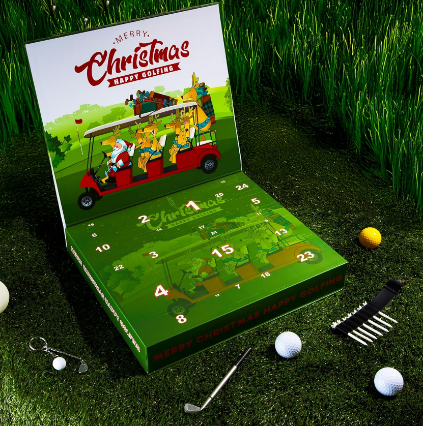Golf-themed Christmas advent calendar with Santa in a golf cart, golf balls, and clubs around.