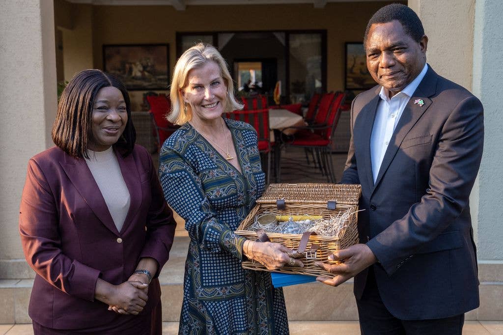 The Duchess of Edinburgh presents honey from the beehives at Buckingham Palace, Windsor Castle and Bagshot Park to the President of the Republic of Zambia