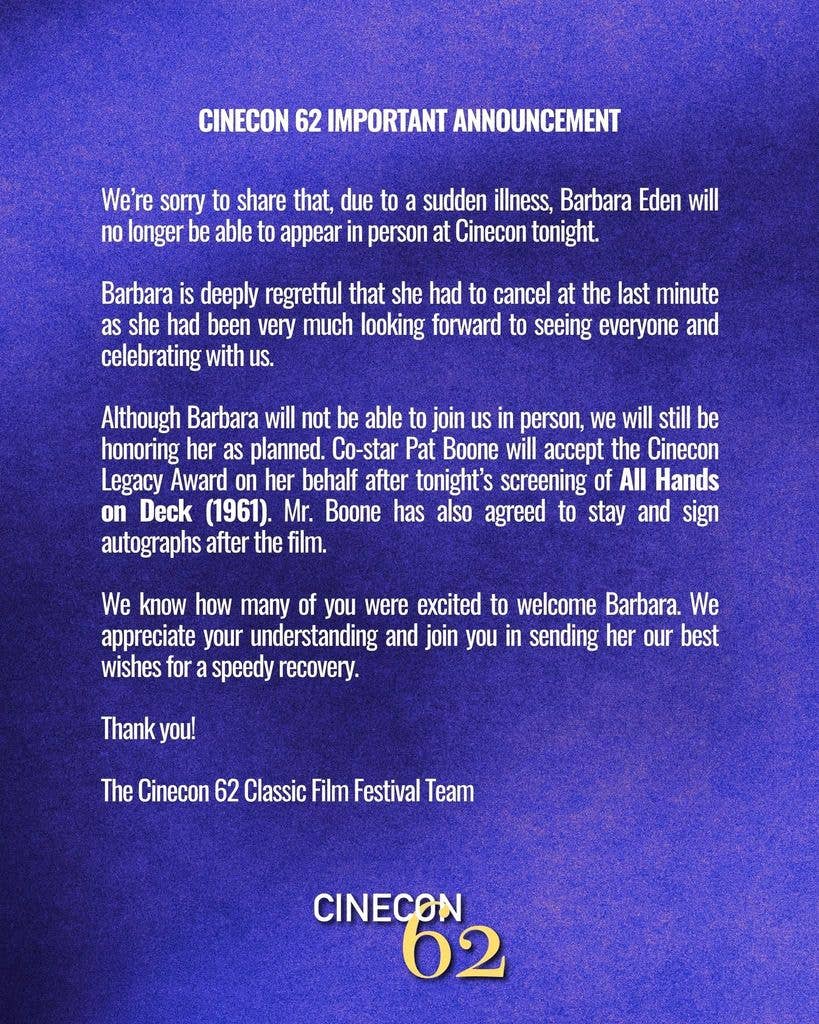 Cinecon Classic Film Festival's announcement regarding Barbara Eden's appearance on September 5, shared on Facebook