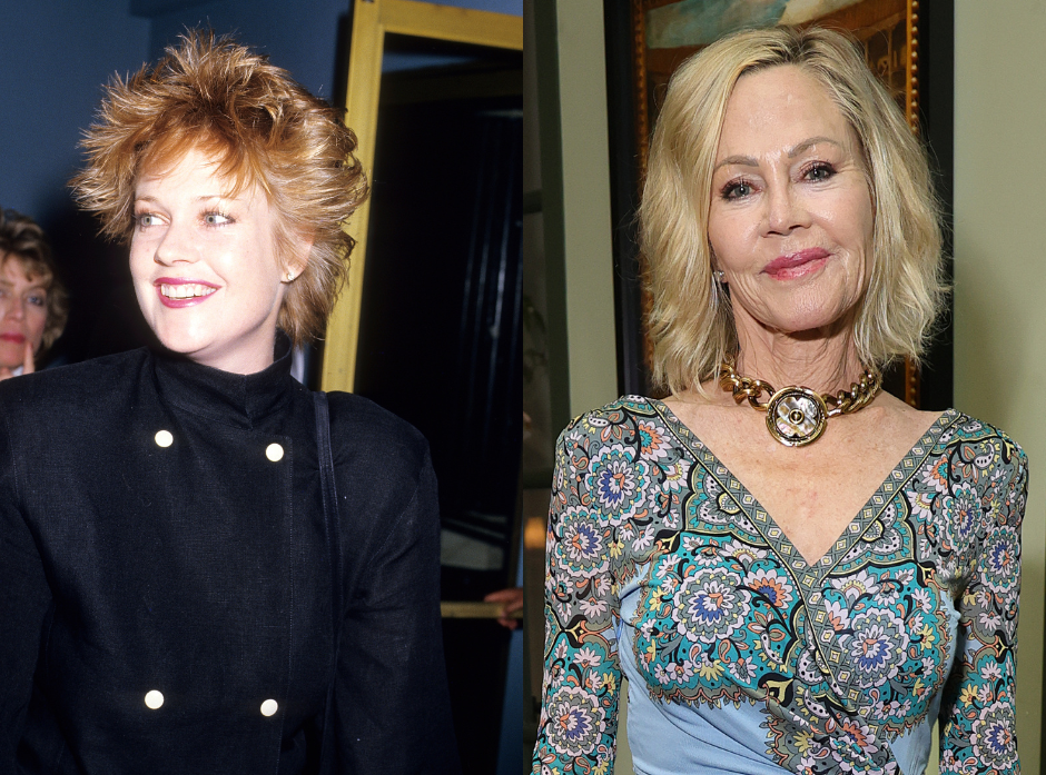 On the left, Melanie Giffith shown in a high neck buttoned black jacket in 1988. On the right, in 2025 wearing a patterned teal v neck dress with a statement flower necklace.