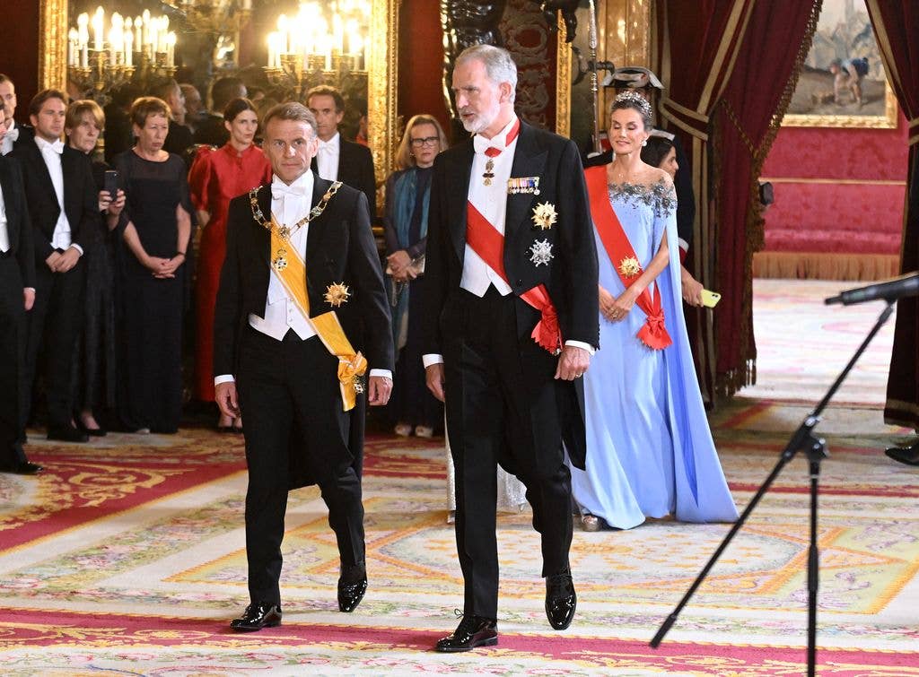 King Felipe VI and Queen Letizia, and the President of the French Republic, Emmanuel Macron, and his wife, Brigitte Macron, during the gala dinner held in their honour at the Royal Palace on 29 September 2026, in Madrid, Spain. (Photo By Jose Oliva/Europa Press via Getty Images)
