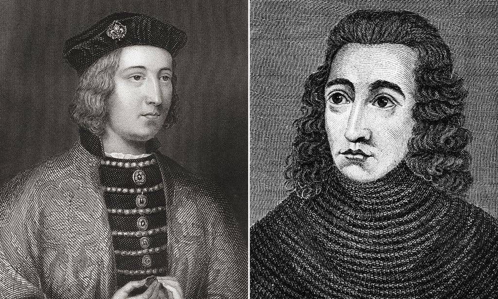 Two historical portraits of men, one wearing a hat and ornate jacket, the other in a textured robe.