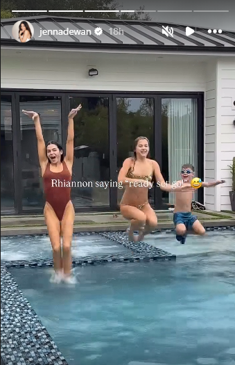The actress jumped into a pool with her children