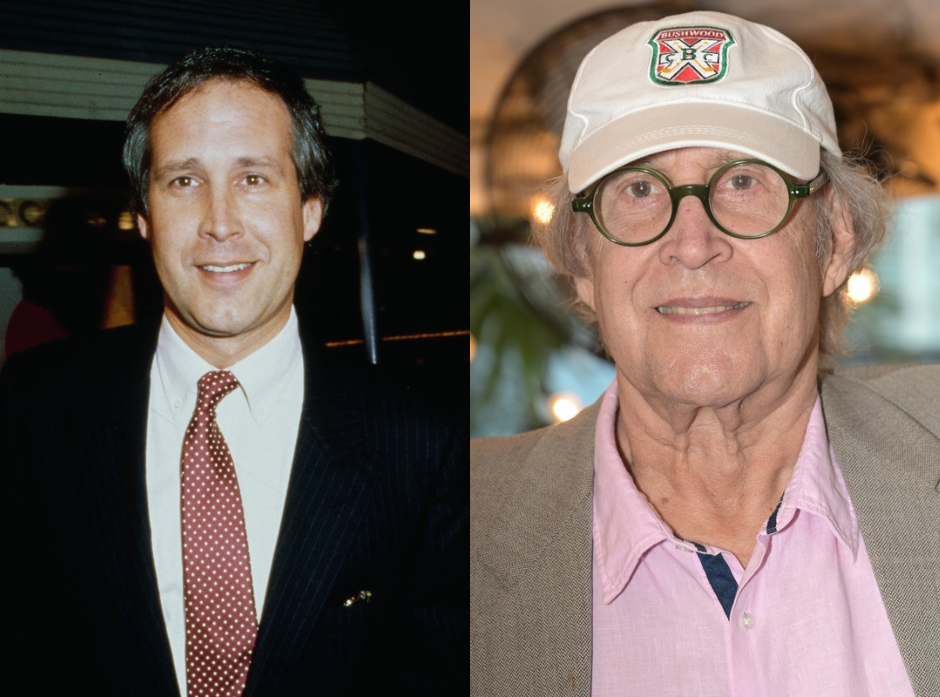 Split image of Chevy Chase. Pictured in 1987 and 2026.