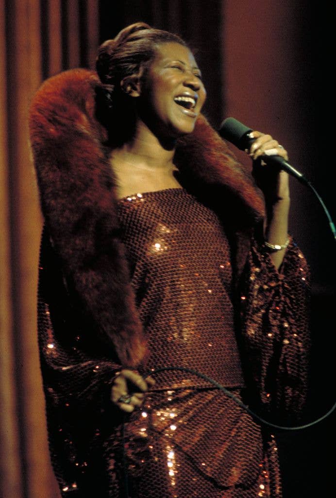 Aretha Franklin rehearsing for Inaugural Eve program for newly elected US President Jimmy Carter and Vice President Walter Mondale at the Kennedy Center, 1977