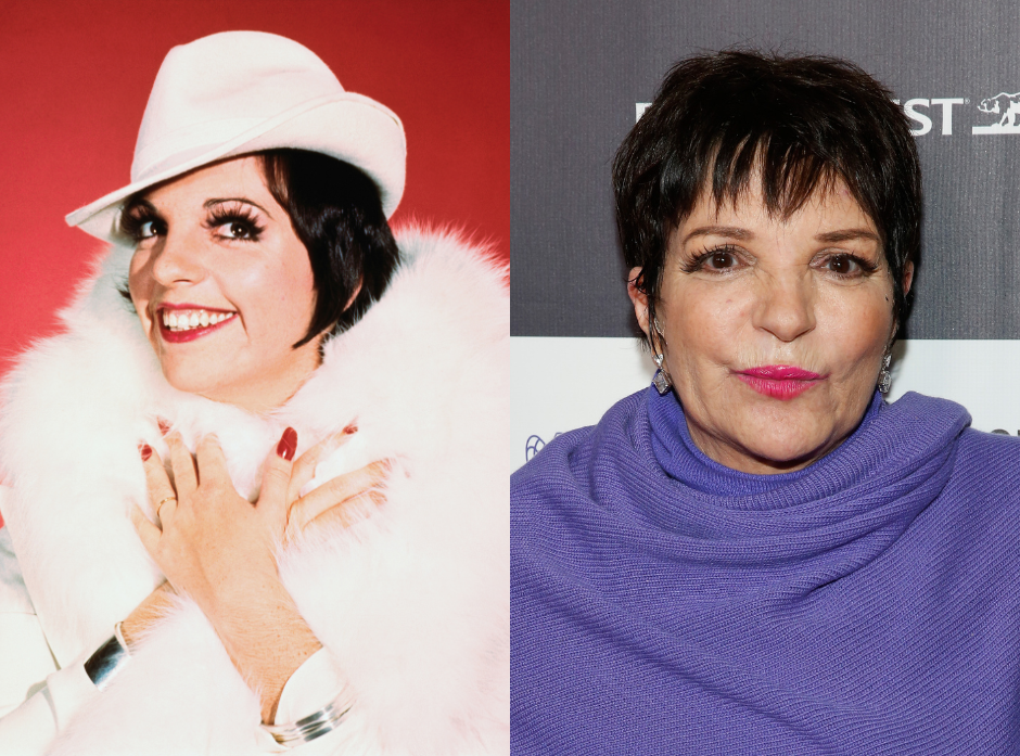 Split image of Liza Minnelli. On the left, posing in a white hat and fur against a red background, dated to 1973. On the right, at the Los Angeles Italia Closing Night Ceremony in 2015.