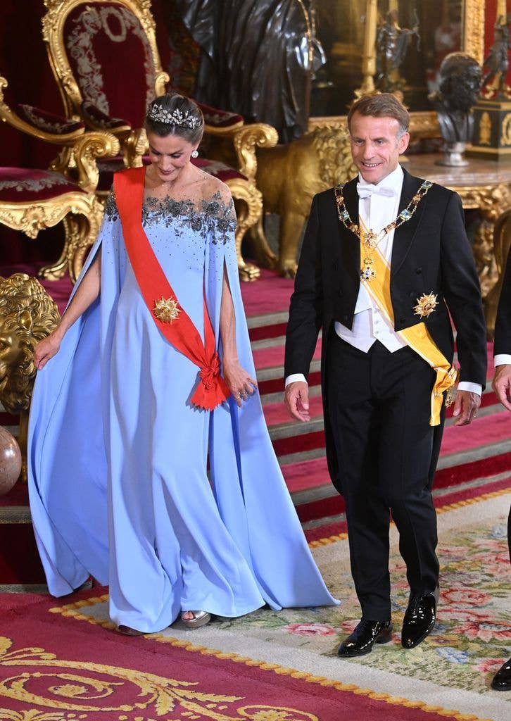 King Felipe VI and Queen Letizia, and the President of the French Republic, Emmanuel Macron, and his wife, Brigitte Macron, during the gala dinner held in their honour at the Royal Palace on 29 September 2026, in Madrid, Spain. (Photo By Jose Oliva/Europa Press via Getty Images)