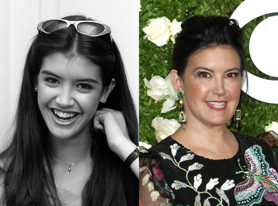 Split image of Phoebe Cates. On the left, a black and white photograph from 1979. On the right, seen at the Tony Awards in 2017.
