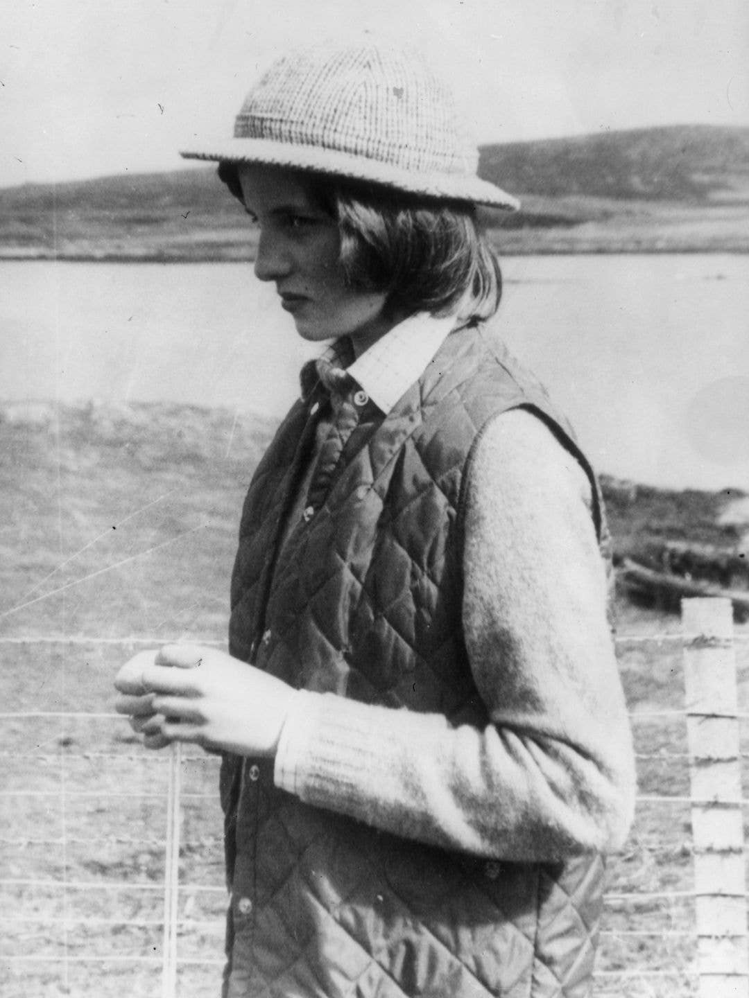 Princess Diana in outdoors wear on an island