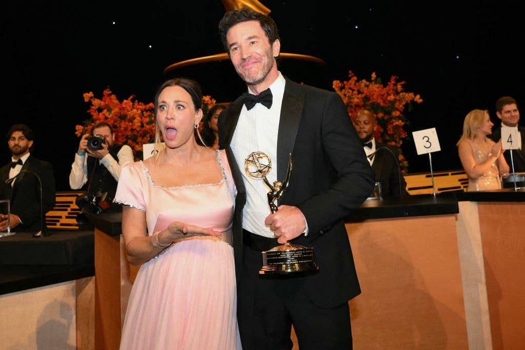 US actress Kaley Cuoco and US actor Tom Pelphrey winner of Outstanding Supporting Actor in a Drama Series for "Task" attend the Governors Gala for the 78th Primetime Emmy Awards at the Los Angeles Convention Center in Los Angeles on September 14, 2026.