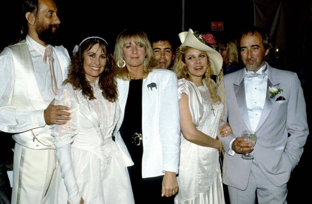 (L-R) English musician Mick Fleetwood, Sara Recor, English musician Christine McVie, American musician Stevie Nicks and English musician John McVie pose for a portrait during Mick Fleetwood's wedding in Malibu, California, April 24, 1988. 