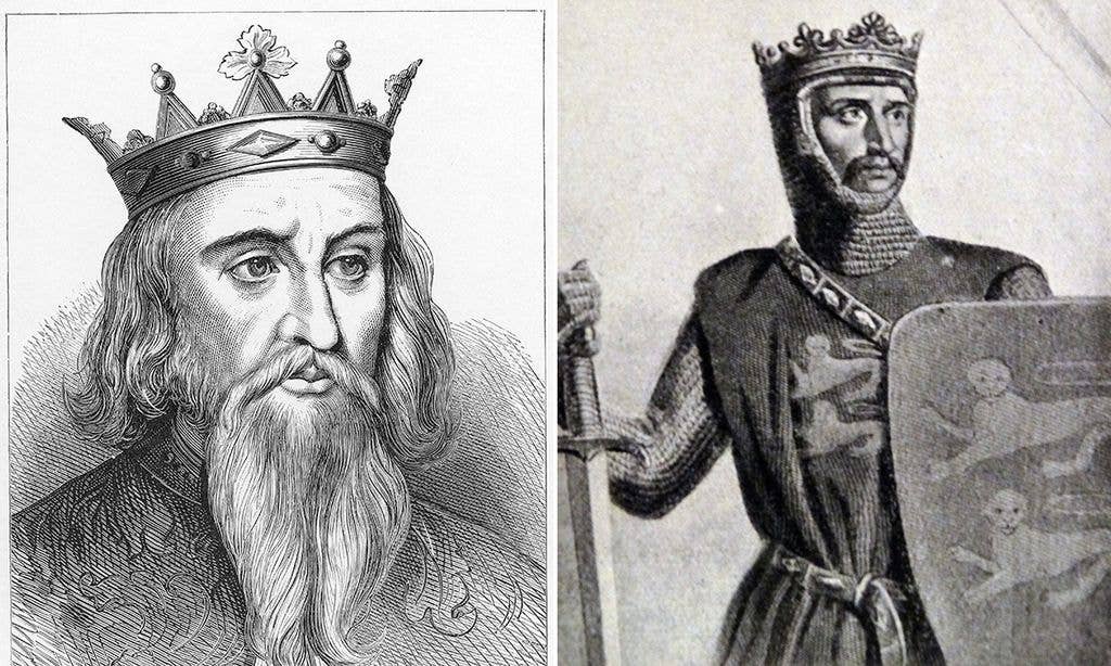 Two illustrations of a man, one with long beard and crown, the other in armor with shield.