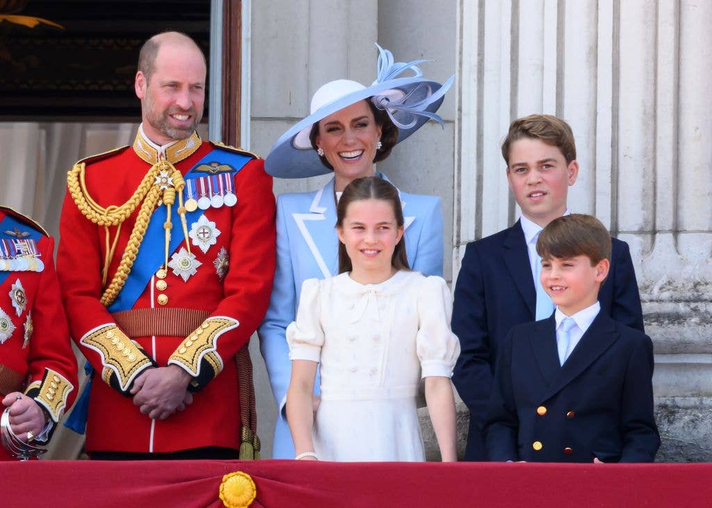 Prince William, Prince of Wales, Catherine, Princess of Wales, Princess Charlotte of Wales, Prince George of Wales and Prince Louis of Wales during Trooping The Colour on June 13, 2026 in London, England.