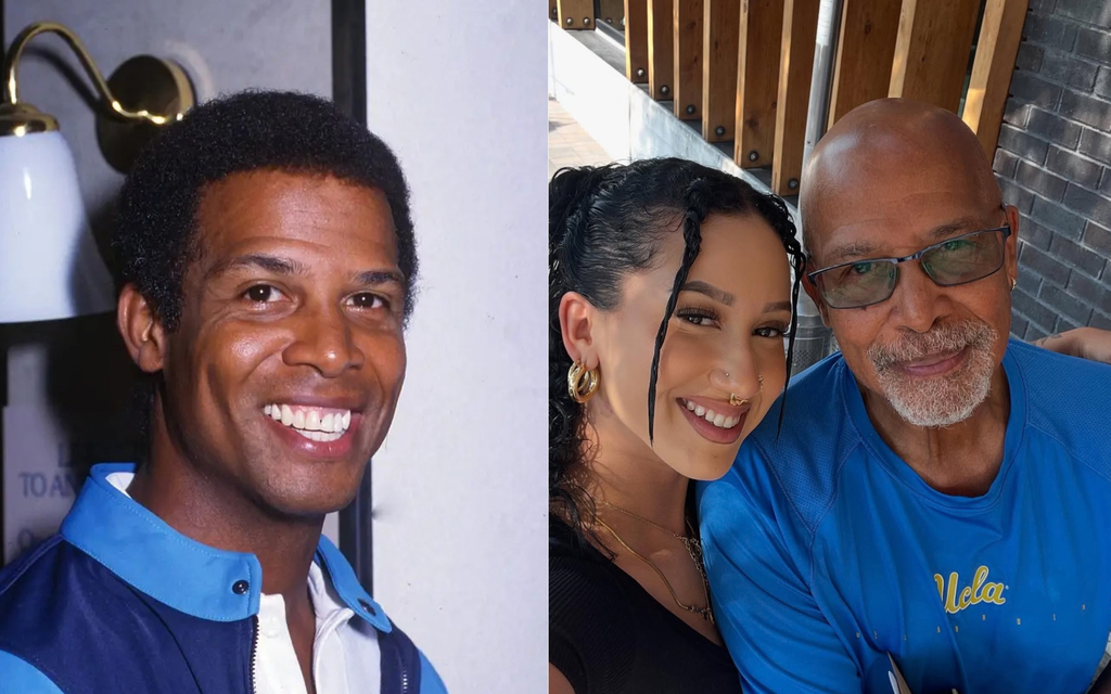 A split image shows Michael Warren as a younger man smiling in a blue and white jacket on the left, and as an older man wearing glasses and a blue UCLA shirt, posing with a young woman for a selfie on the right.