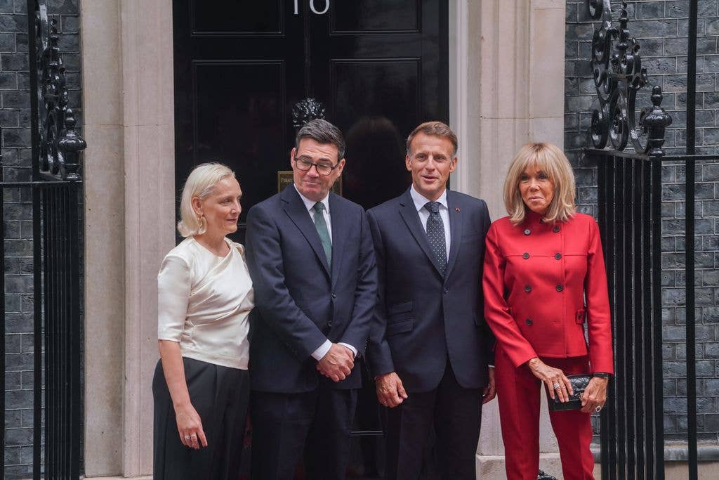 Prime Minister Andy Burnham and Marie-France van Heel welcome French President Emmanuel Macron and Brigitte Macron at 10 Downing Street in London, on September 3, 2026.