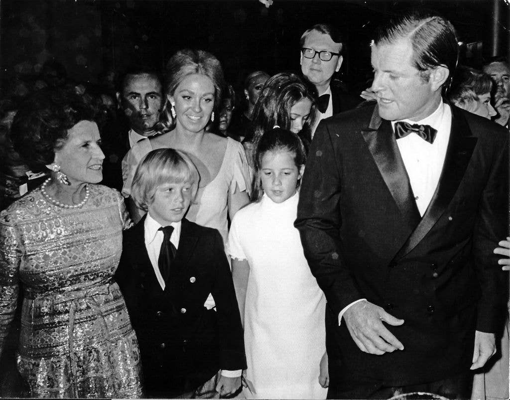 View of, from left, American philanthropist Rose Kennedy (1890 - 1995) (left), her grandson, Edward M Kennedy Jr, daughter-in-law Joan Bennett Kennedy, granddaughter Kara Kennedy (1960 - 2011), and son Senator Edward M 'Ted' Kennedy (1932 - 2009) as they  arrive for the opening performance at the John F Kennedy Center for the Performing Arts, Washington DC, September 8, 1971