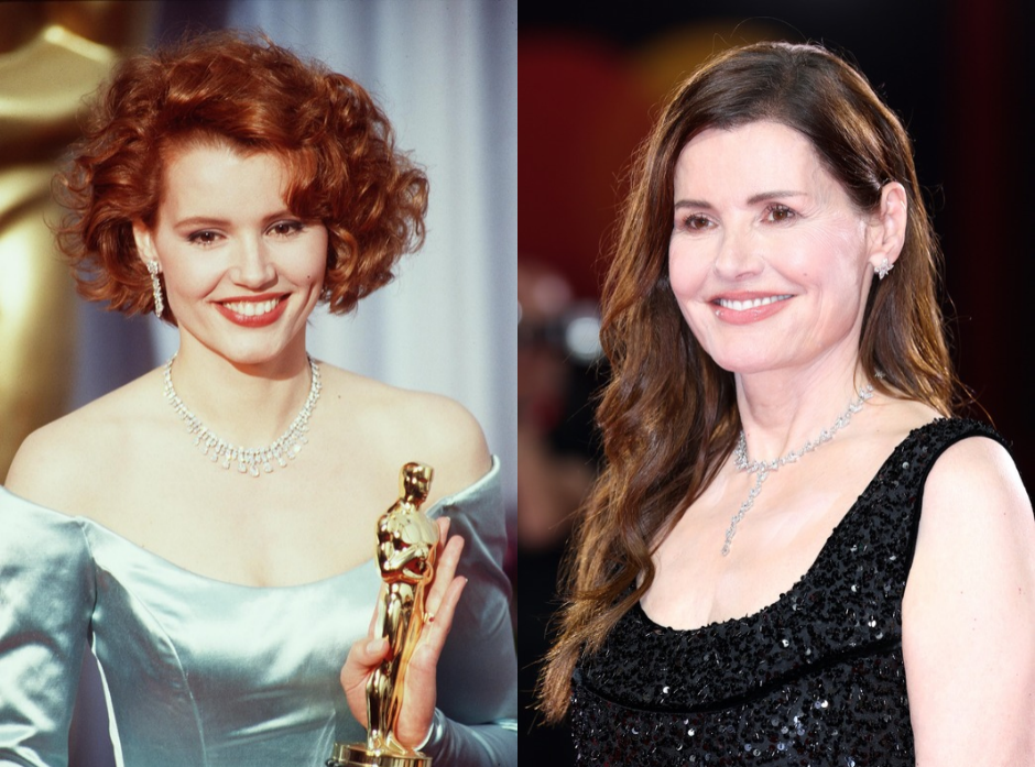 Split image of Geena Davis, pictured in 1989 and 2026.