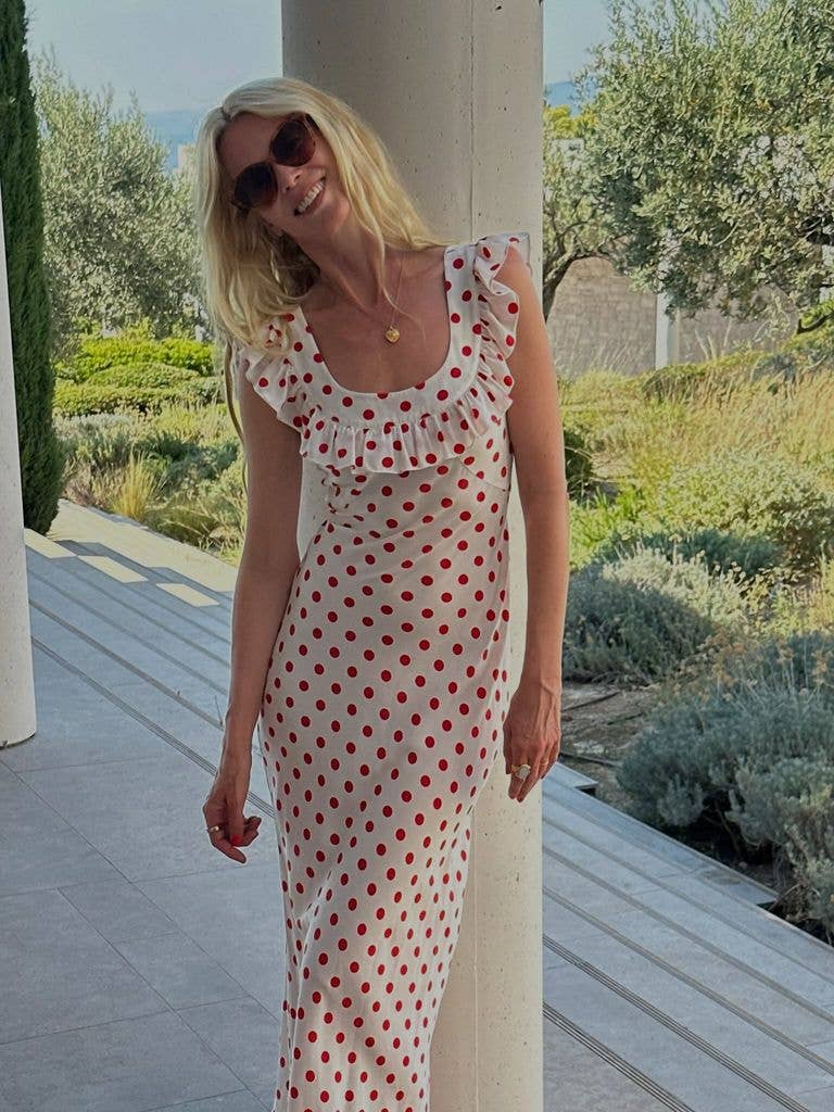 claudia schiffer white polka dot dress