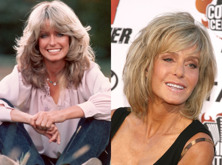 Split image of Farrah Fawcett. On the left, smiling while sitting outdoors in blue jeans and a mauve blouse. On the right, at the Comedy Central Roast of William Shatner in 2006.