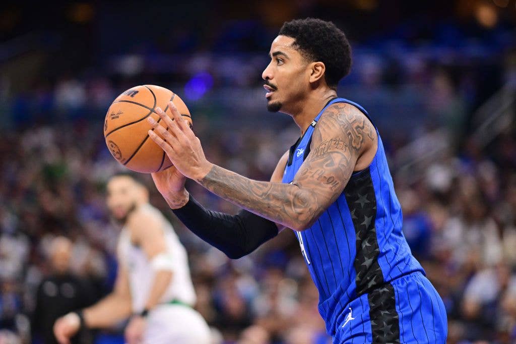 Gary Harris #14 of the Orlando Magic looks to pass the ball during game 4 of the first round of the 2025 NBA Playoffs against the Boston Celtics at Kia Center on April 27, 2025 in Orlando, Florida.