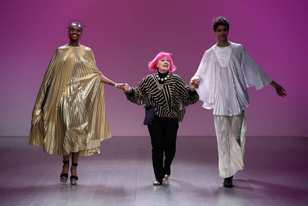 Models walk the catwalk with designer Zandra Rhodes during the London Fashion Week Festival 2018