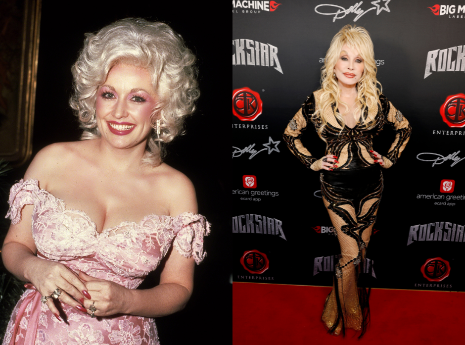 Split image of Dolly Parton in around 1981, wearing an off the shoulder pink lace dress. On the right, in a black sheer dress holding her hands on her hips on the red carpet.
