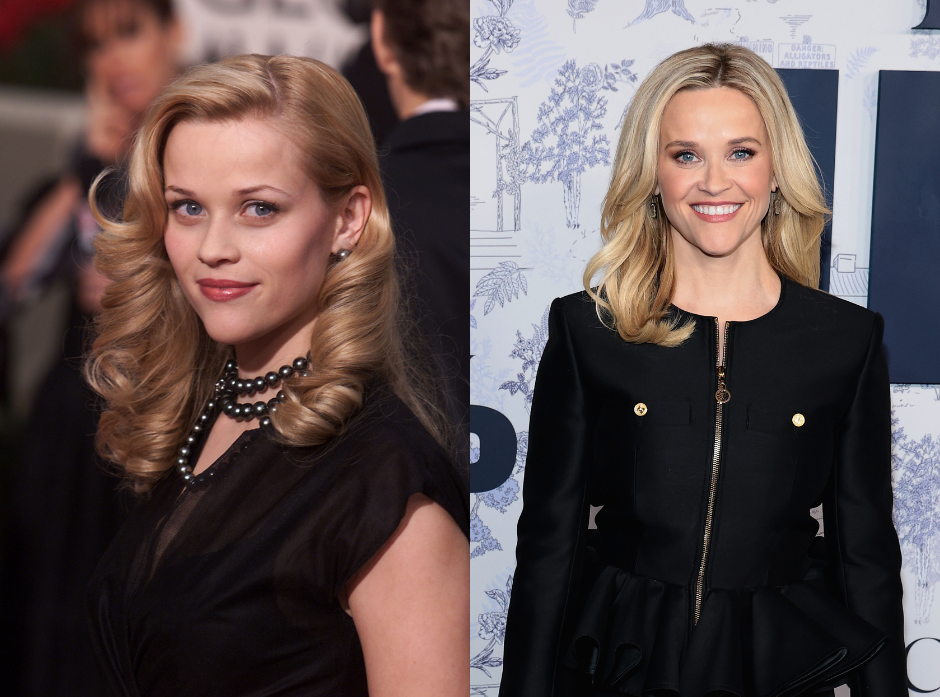 Split image of Reese Witherspoon in 2001 wearing a black top and black layered necklace. On the right, in 2025 wearing a black zipped jacket. 