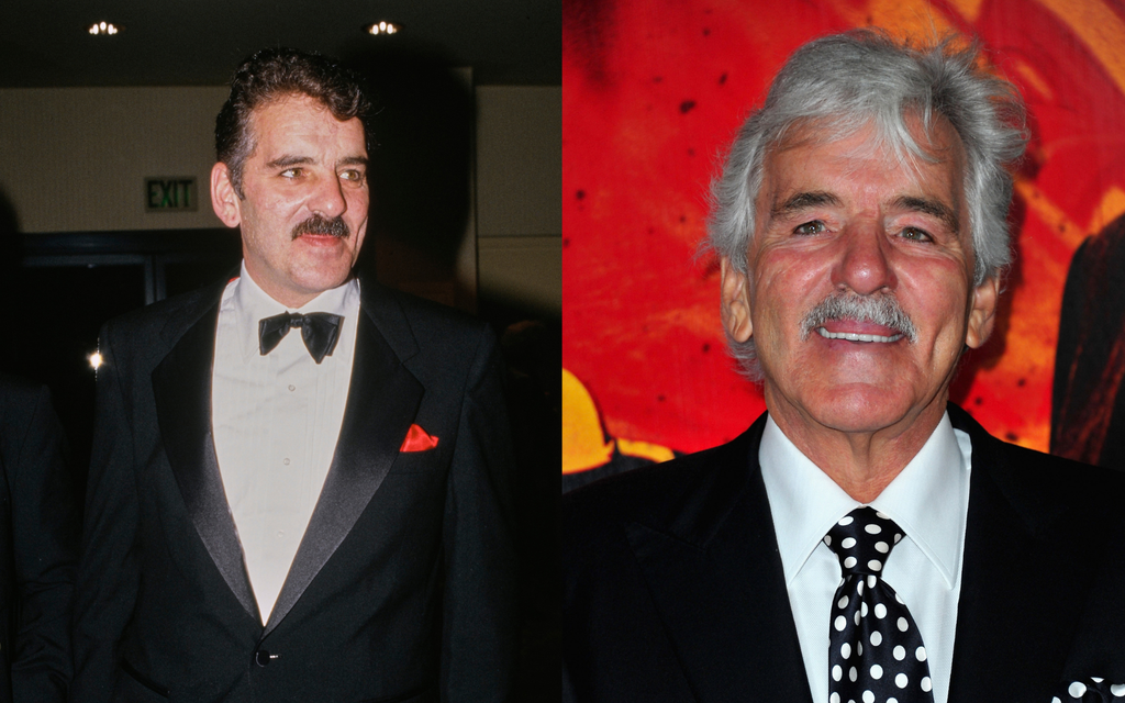 A side-by-side comparison shows Dennis Farina as a younger man in a black tuxedo with bow tie, and later in life with grey hair wearing a suit with a polka dot tie.