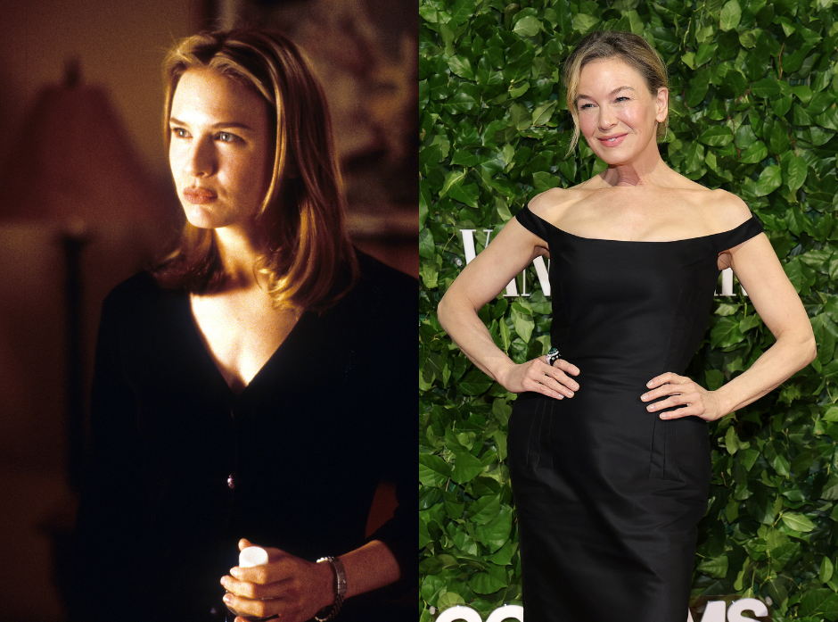 Split image of Renee Zellwegger. On the left in 1996 in a still from Jerry Maguire, on the right in 2025 in an off the shoulder black dress.