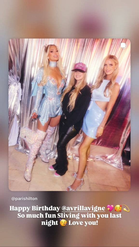 Paris Hilton shares a birthday tribute for Avril Lavigne with a photo from a Parivie Beauty party, shared on Instagram