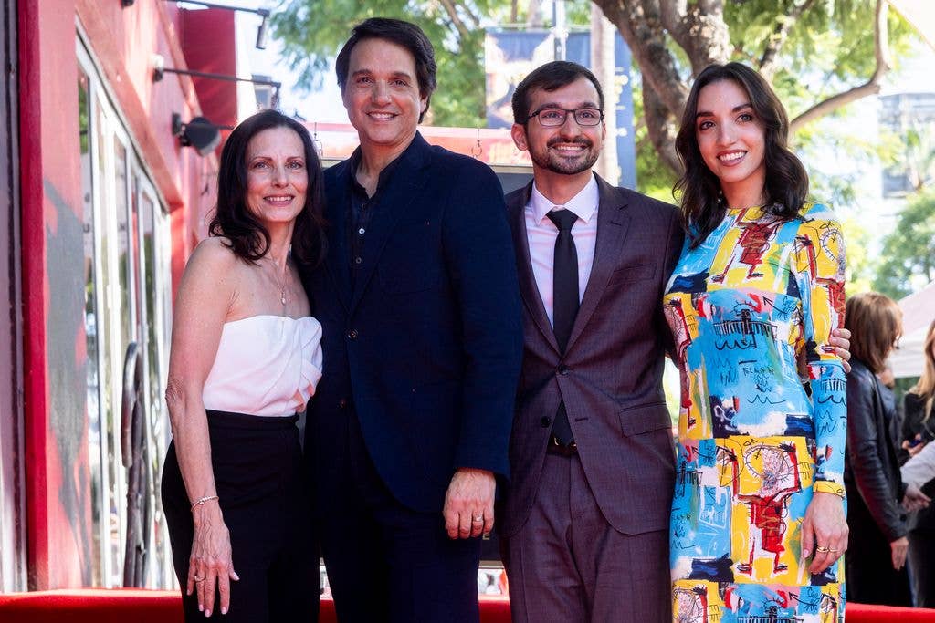 US actor Ralph Macchio, his wife Phyllis Fierro, and children Julia Macchio and Daniel Macchio pose during the Hollywood Walk of Fame ceremony honoring Macchio with a star in Hollywood, California, November 20, 2024.