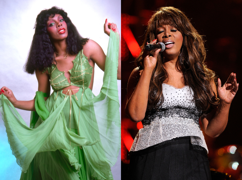 Split image of Donna Summer. On the left, in a green layered dress in 1978. On the right, on "The Hitman Returns: David Foster & Friends" at the Mandalay Bay Events center on October 15th, 2010.