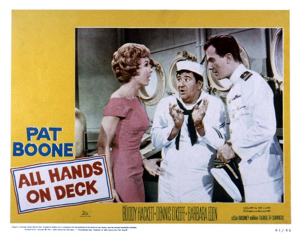All Hands On Deck, US lobbycard, from left: Barbara Eden, Buddy Hackett, Pat Boone, 1961.