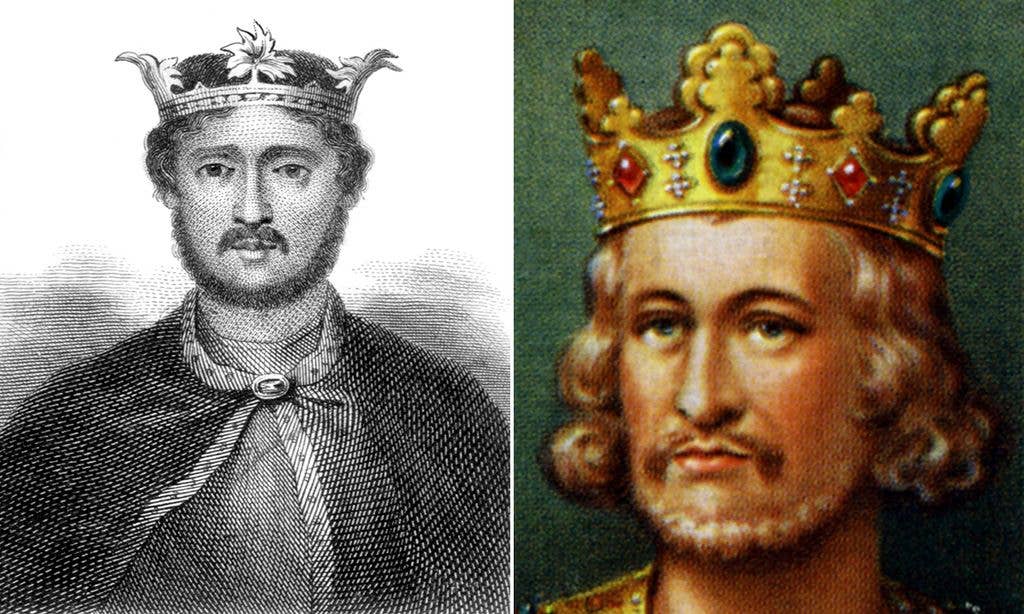 Two portraits of historical figures, both wearing ornate crowns and regal attire.