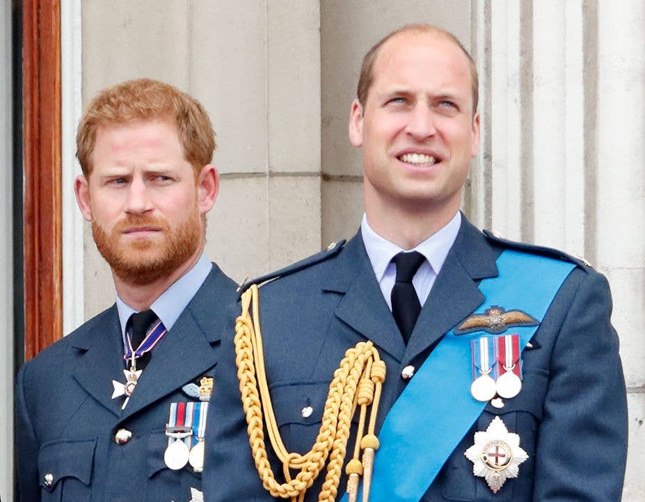 Prince Harry and Prince William in military uniforms with medals, standing side by side.