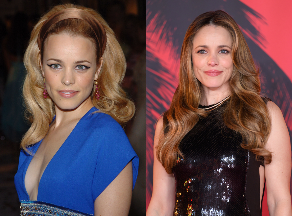 Split image of Rachel McAdams. On the left in 2005, wearing a bright blue dress with a plunge neckline. On the right, wearing a black sparkly dress with a high neckline and splits at the side in 2026.