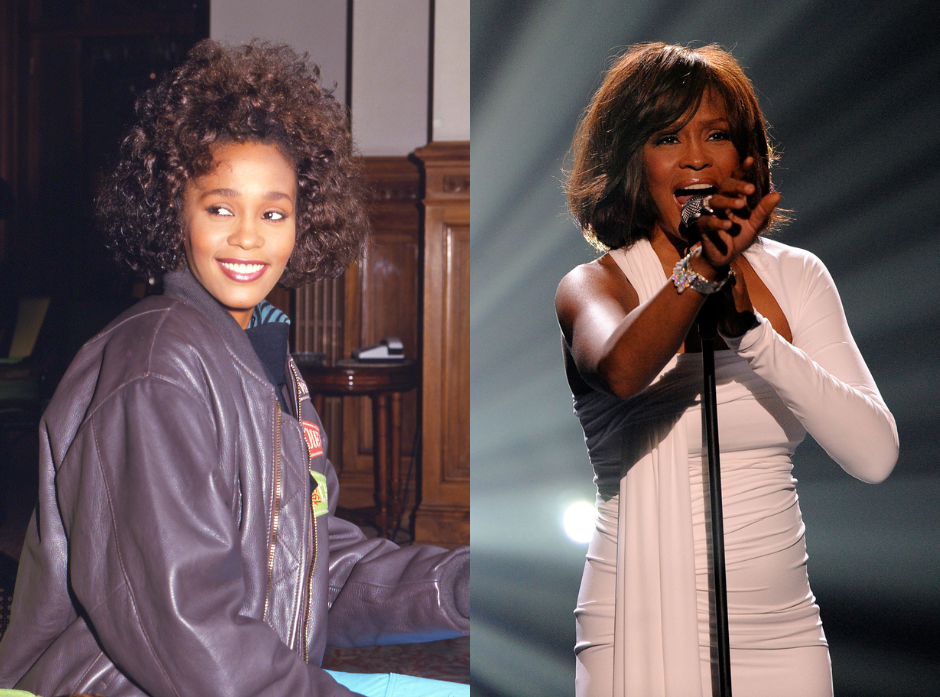 Split image of Whitney Houston. On the left in 1992 in a purple leather jacket. On the right, singing on stage in a white, one sleeve dress in 2009.