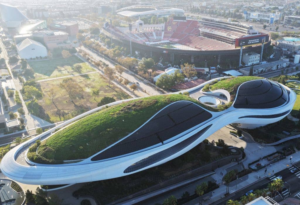 An aerial view of the new Lucas Museum of Narrative Art before a media preview of the 300,000 square foot structure in Exposition Park on September 2, 2026 in Los Angeles, California. Founded by filmmaker George Lucas and wife Mellody Hobson and designed by the architect Ma Yansong, it is billed as the ĂąÂÂfirst museum dedicated to the universal human tradition of visual storytelling.ù The long-awaited institution is integrated into a 11-acre campus and opens to the public September 22