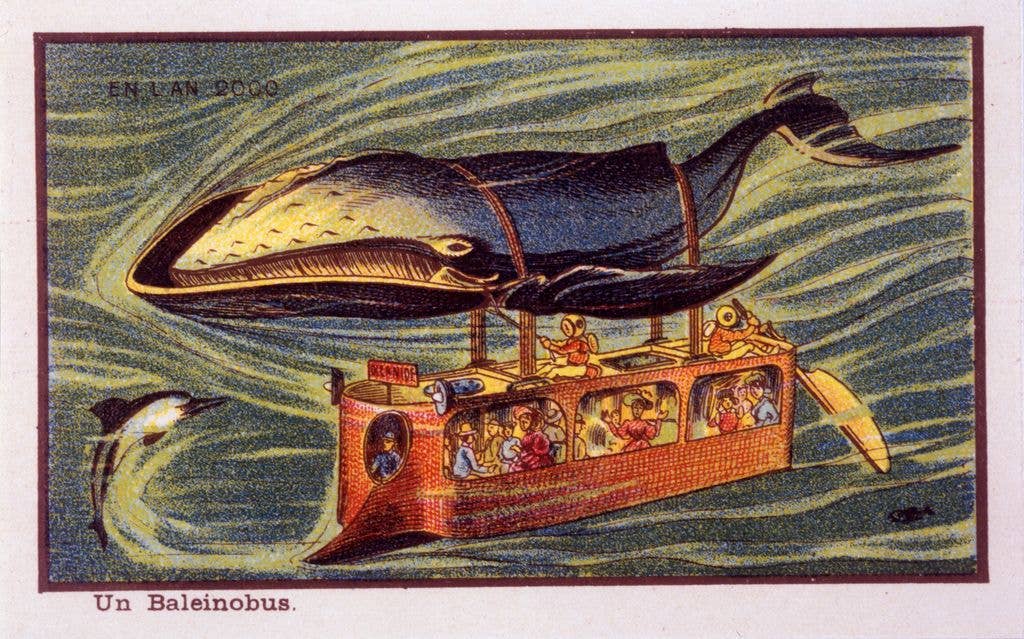 A vintage illustration depicts a submarine-like bus filled with passengers, harnessed beneath a giant whale swimming underwater, with two divers steering from a platform on top.