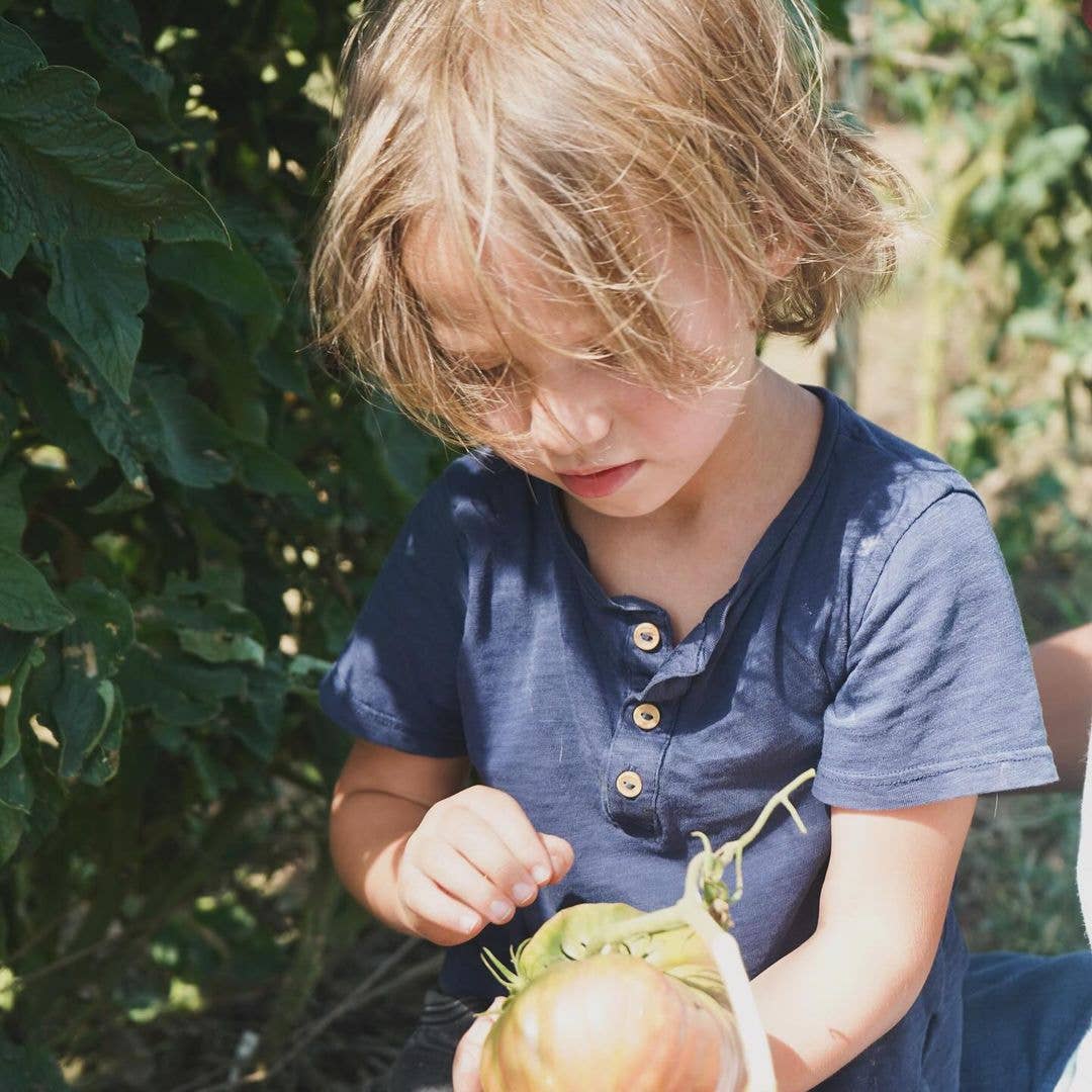 Taylor Hanson's son Indiana Hanson seen with vegetables during a family farm visit, shared on Instagram