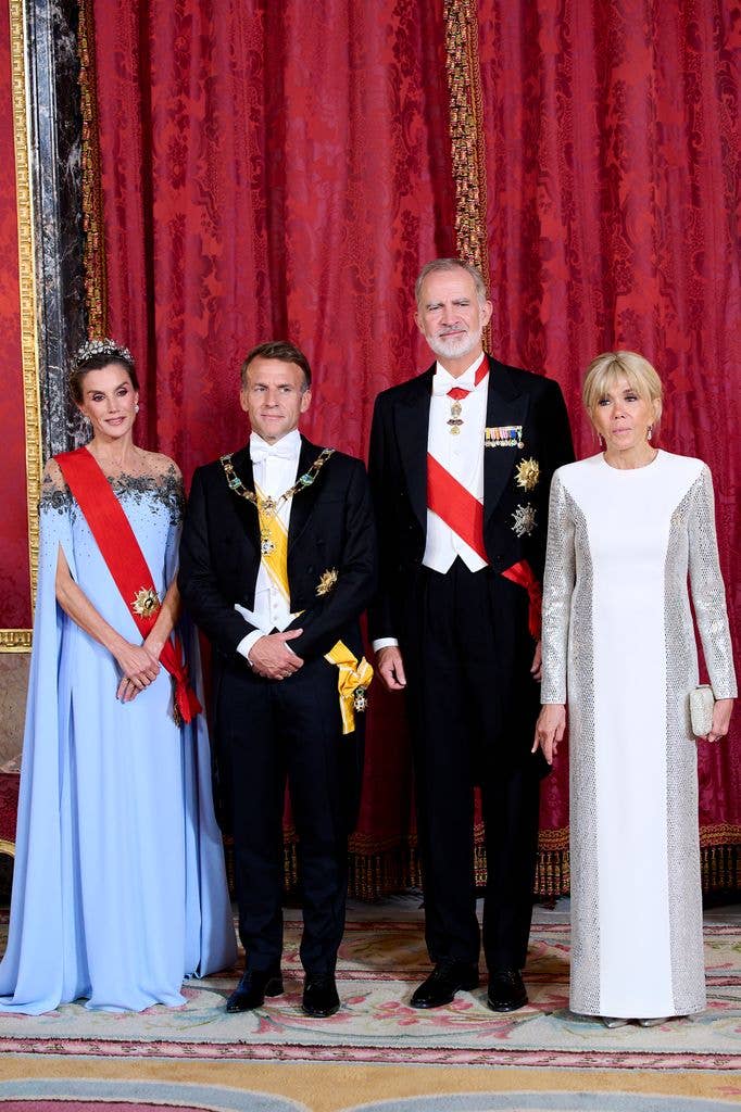 Queen Letizia of Spain, French President Emmanuel Macron, King Felipe VI of Spain and  First Lady of France Brigitte Macron attend an Gala Dinner at the Royal Palace of Madrid on the first day of the State Visit of the President of France on September 29, 2026 in Madrid, Spain. (Photo by Carlos Alvarez/Getty Images)