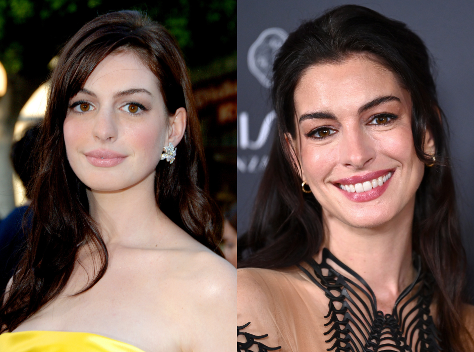 Split image of Anne Hathaway. On the left in 2006, wearing a strapless yellow dress. On the right in 2026, wearing a sheer nude dress with black embellishment. 