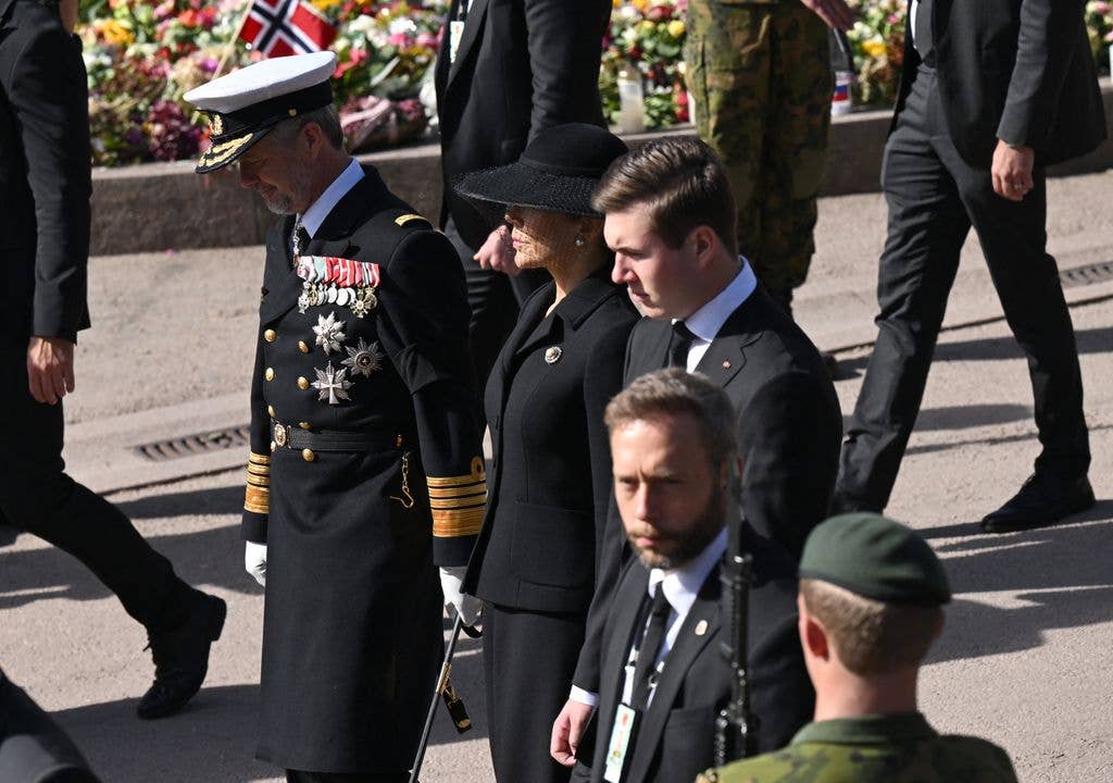 King Frederik X of Denmark, Queen Mary of Denmark and Crown Prince Christian of Denmark walk at the procession in which the coffin of Norway's late King Harald V is carried from the Royal Palace to the Cathedral in Oslo, Norway, on September 9, 2026