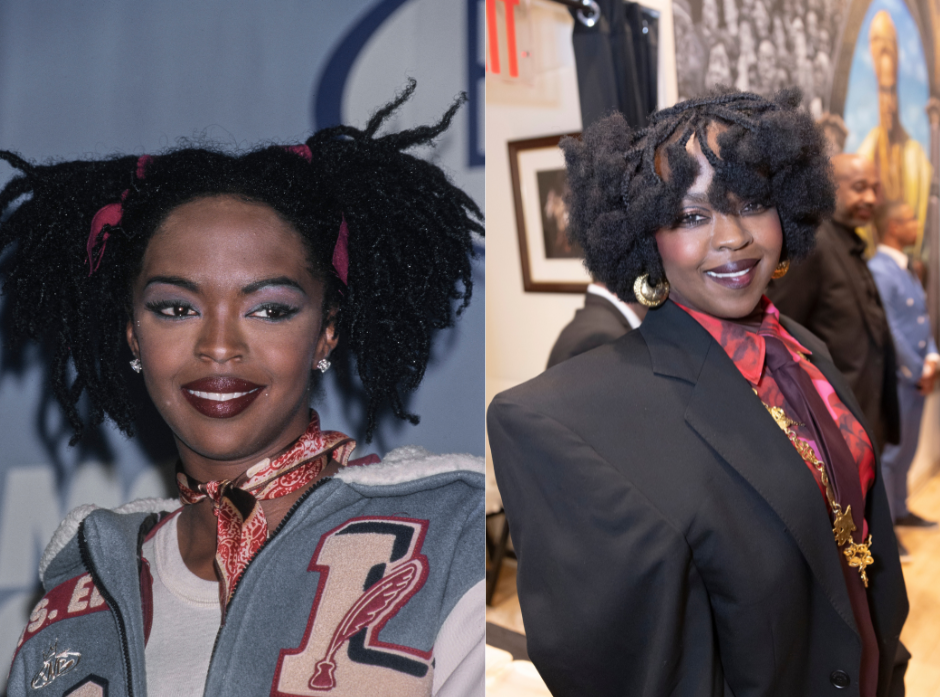 Lauryn Hill shown in 1998 wearing a white vest and sports jacket. On the right, in 2025 wearing a suit jacket and a red patterned shirt. 