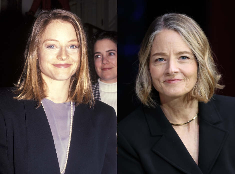 Split image of Jodie Foster. On the left in in 1991 wearing a purple top, black suit jacket and pearl necklace. On the right, in a black jacket with a gold necklace in 2025.