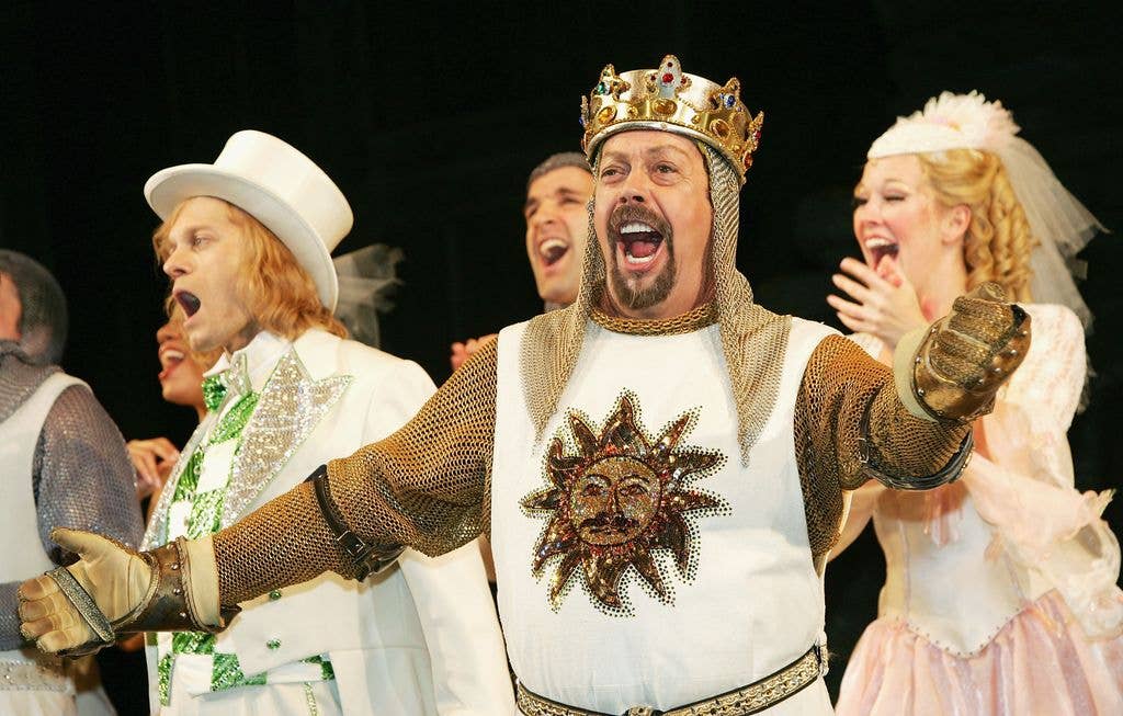 Tim Curry singing during the opening night curtain call for "Monty Python's Spamalot" at the Shubert Theatre March 17, 2005