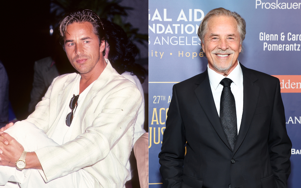 Side-by-side comparison of Don Johnson in a white suit in his younger years and in a black suit smiling at a recent event.