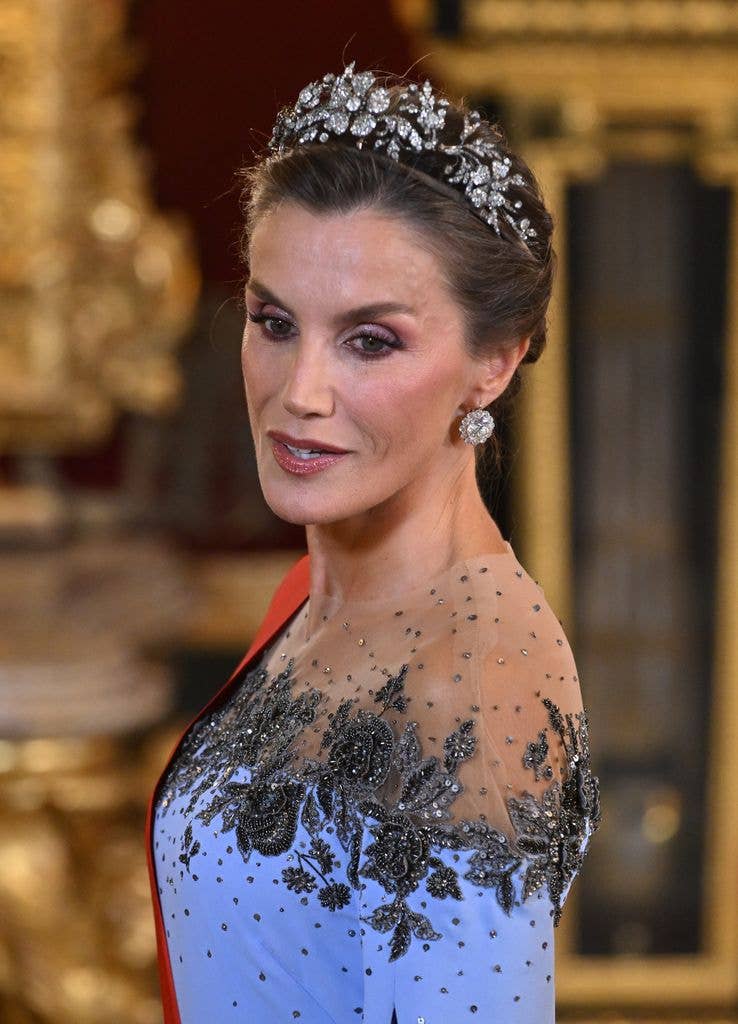 Queen Letizia, during the gala dinner held in honour of the President of the French Republic, Emmanuel Macron, at the Royal Palace on 29 September 2026, in Madrid, Spain. (Photo By Jose Oliva/Europa Press via Getty Images)
